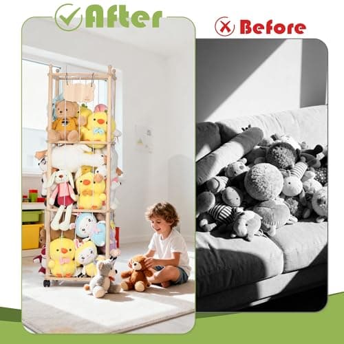 TOMSHUB Stuffed Animal Storage & Organizer, 54 inch Tall Wooden Cute Zoo Toy Holder with Building Block Storage Bag, Space Save Toy Holder with Elastic Cord for Toddler Rooms, Playrooms & Bedrooms - Thumbnail 6