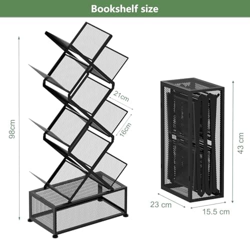 Gintan 9-Tier Space Saving Book Shelf with Storage,Bedroom Shelves Folding Bookshelves,No Installation Required Shelf Tree Metal Bookshelf for Living Room,Study,Home Office,Bed Room (Black) - Thumbnail 3