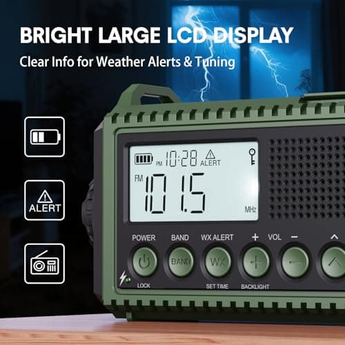 NOAA Emergency Radio with Auto Weather Alerts - 12000mAh Solar Hand Crank Weather Radio, 6 Power Sources, Bright LCD Digital Tuning, AM/FM/SW Receiver, SOS Alarm & Power Bank for Home Camping Survival - Thumbnail 4