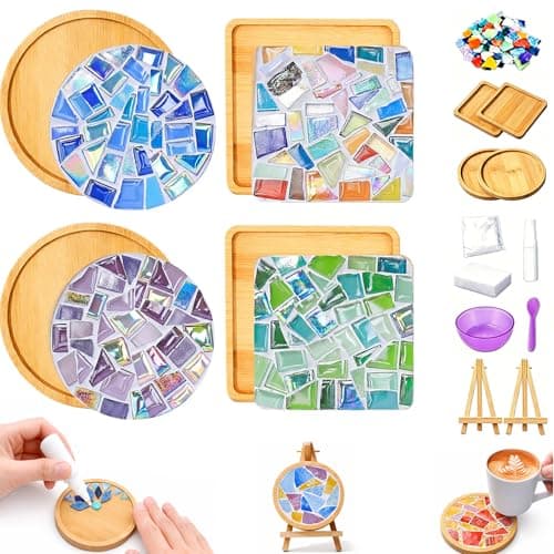 GHAHILI DIY Mosaic Kits for Adults Glass Mosaic Tiles for Crafts with Wooden Coasters for Women Mixed Color Mosaic Art Kit Craft Coaster Project Handmade Making Kit for Home Decor Gifts (4 Sets) - Image 1