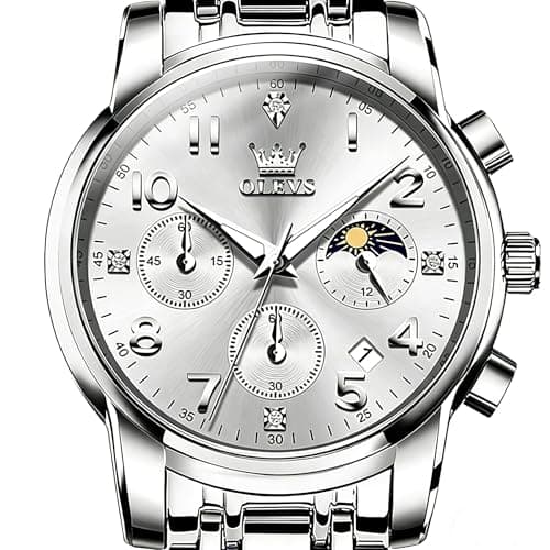 OLEVS Silver Watch for Men Luxury Chronograph Stainless Steel Waterproof Mens Watches Classic Analog Men's Wrist Watches Date Moon Phase Big Face Easy Read Man Watch Relojes para Hombres - Image 1