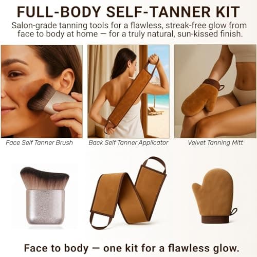 3 in 1 Self Tanner Applicator Set for Beginners Streak-Free Tanning Mitt with Back Applicator & Kabuki Brush Easy Self Tanning Tools for Body Face & Back, No Orange Hands Self Tanning Tools Kit - Thumbnail 2