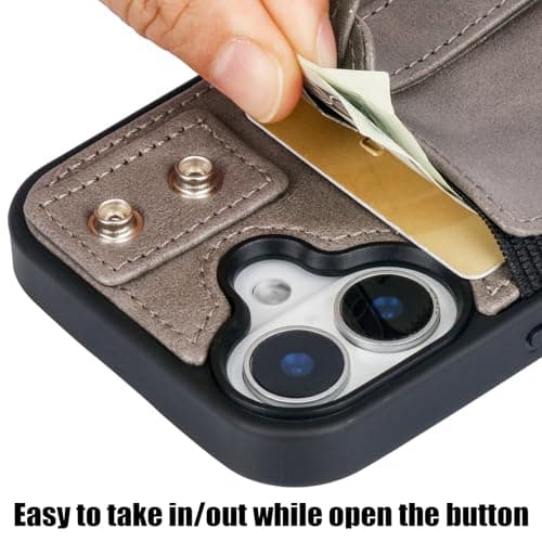 TOOVREN Wallet Case for iPhone 16 Plus Case with Card Holder Kickstand Adjustable Fits iPhone 16 Plus Wallet Case with Neck Strap Lanyard Leather for Women & Men 6.7 Inch Gray - Thumbnail 5