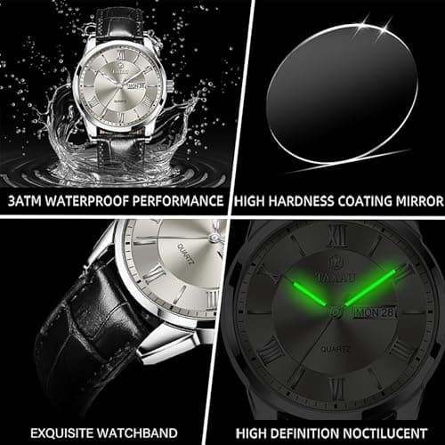 Taxau Mens Leather Watch Mens Wrist Watches Waterproof Analog Watches for Men Dress Watch Grey Dial Black Leather Band Luminous for Large Wrist Roman Number reloj de Hombre - Thumbnail 5