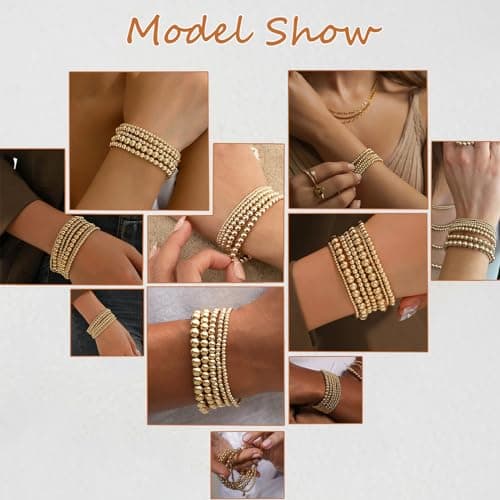 Gold Beaded Bracelets for Women, 5 Pcs Dainty 14K Gold Plated Chunky Stretch Bead Ball Bracelet Stack - Thumbnail 6