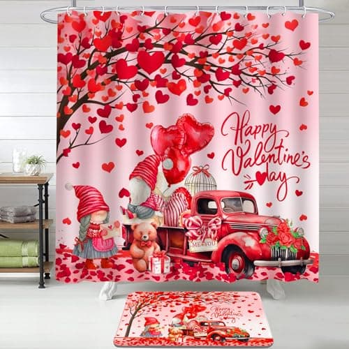 Lutto Valentines Day Bathroom Set, Red Polyester Shower Curtain with 72x72 Inch Size, Includes 12 Hooks and Anti-Slip Bath Mat, Modern Valentines Day Decor for Bathroom - Thumbnail 2