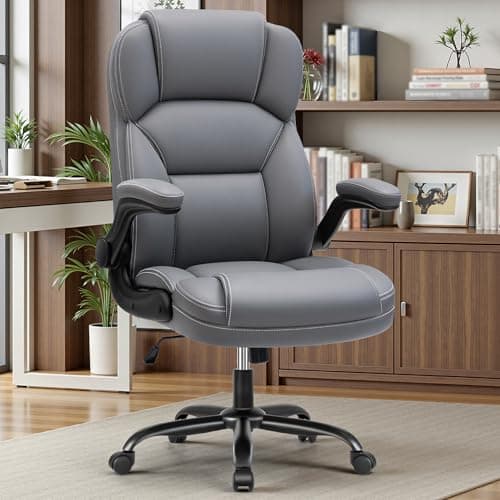 PU Leather Executive Office Chair, Ergonomic High-Back Computer & Gaming Chair with Adjustable Height, Rolling Swivel & Flip-Up Armrests, Comfy Padded Seat for Home Office-Gray - Image 1