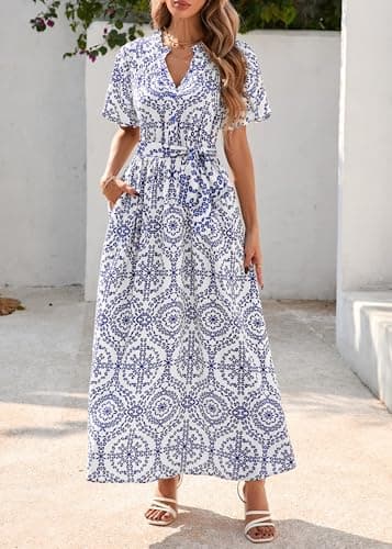 KIRUNDO Women Spring Summer Wedding Guest Boho Floral Maxi Dress Puff Sleeve Button Shirt V Neck Flowy Beach Vacation Dress(Blue, Large) - Thumbnail 4