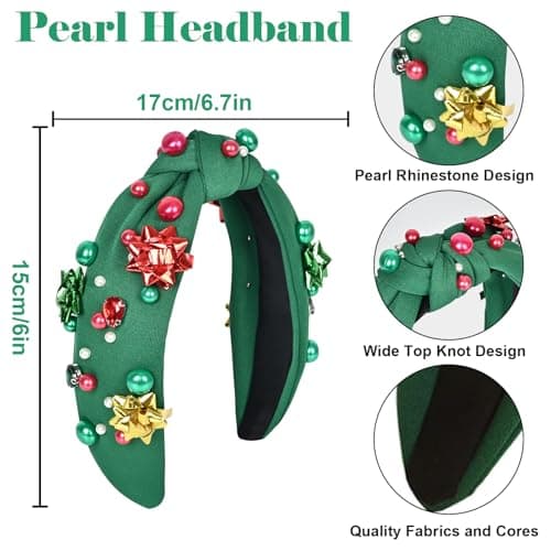 Krfapt Jeweled Plaid Headband with Embellished Crystals and Pearls - Knotted Wide Top Knot Hair Accessory for Women, Holiday Outfits & Gifts （Green） - Thumbnail 2