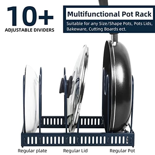 ROOHUA Expandable Pot and Pan Organizer - Cabinet Pot Lid Holder with 10 Adjustable Compartments for Cookware, Baking, Frying (Dark Blue, 10) - Thumbnail 3
