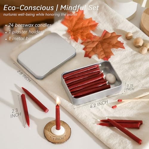 20 Minute 100% Pure Beeswax Candles, Mini Mindful Meditation Taper Candles, Smokeless & Dripless with Holder for Yoga, Prayer, Relaxation (Red,24 Pack) - Thumbnail 2