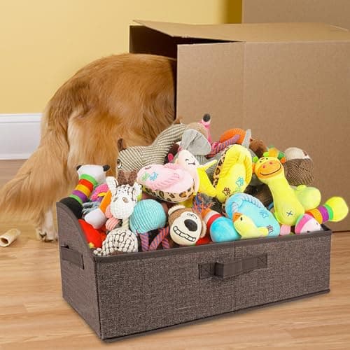 COSOWO Foldable Pet Toy Storage Box with 3 Handles, Portable Organizer Basket for Dog Toys, Blankets & Accessories, Dark Brown - Thumbnail 5