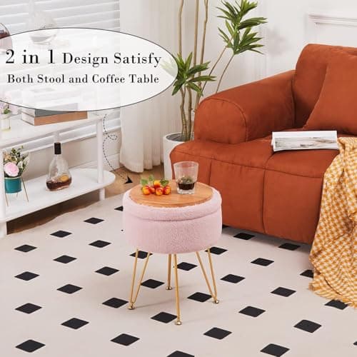 Cplxroc Ottomans Round Faux Fur Ottoman with Storage Footstools Vanity Chair Coffee Table Ottoman for Living Room (Pink) - Thumbnail 4