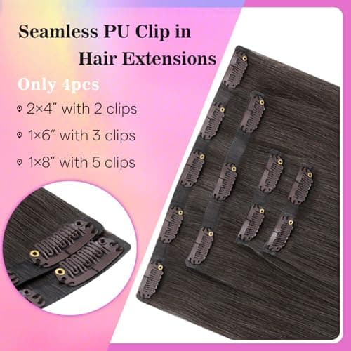 Ve Sunny Seamless Clip in Hair Extensions Mocha Brown Mix, Real Human Hair Extensions Clip ins for Daily Wear with Silky and Soft Texture, Invisible Straight Remy Hair, 16 Inch 80g 4pcs - Thumbnail 2