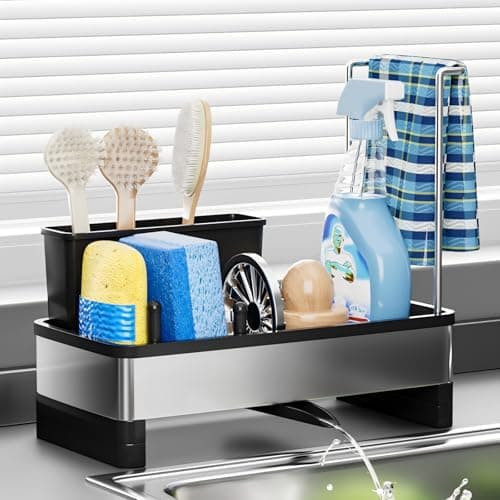 Ewaiira Stainless Steel Sink Caddy, Sponge Holder for Kitchen Sink with Brush Holder and Towel Rack, Sink Organizer for Countertop, Soap Dispenser Kitchen Organizers Storage Essentials (A-Black) - Image 1