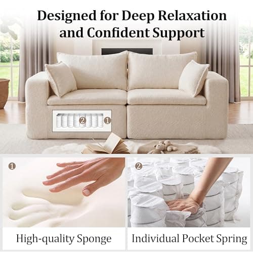 Boneless Loveseat Sofa, 2 Seater Couch with 4 Pillows, No Assembly Required, Soft High Density Foam Cushion, Modern Living Room Futon for Small Space Apartment and Office (White, 75.58" 2 Seaters) - Thumbnail 3