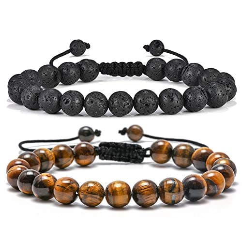 M MOOHAM Beaded Bracelet for Men Gifts - Lava Rock Stone Tiger Eye Bracelet Adjustable Men Birthday Unique Gifts