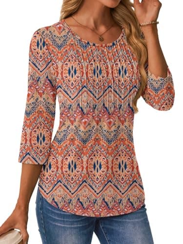 NORACORA 3/4 Length Sleeve Womens Tops Crew Neck Loose Fit Shirts Pleated Cute Clothes Dressy Casual 2026 Summer Tunics Boho XL - Thumbnail 3