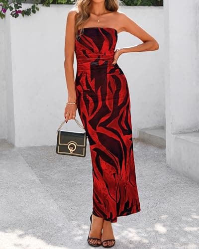 BTFBM Women Summer Strapless Maxi Dress 2026 Bodycon Floral Long Wedding Guest Dress Formal Tube Mesh Cocktail Dresses(Floral Red, Large) - Thumbnail 4