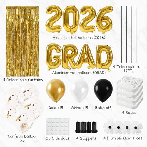 2026 Graduation Decorations - Set Of 4 Standing Balloon Topiaries, Balloon Stand Kit Party Centerpieces Decor With Golden Rain Curtains Class Of 2026 Decorations For Kindergarten High School College - Thumbnail 3