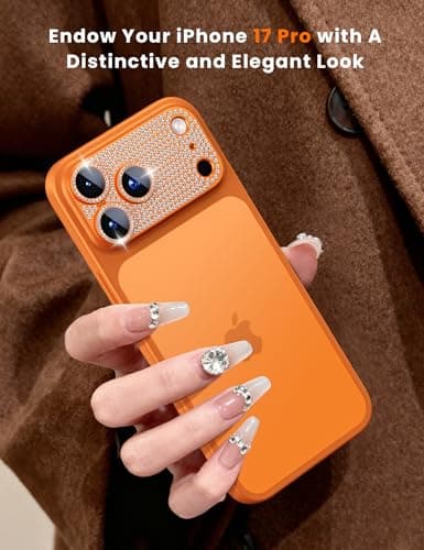 Hoerrye Bling Diamond Camera Lens Protector for iPhone 17 Pro - [1:1 Full Coverage][Strong Adsorption] 9H+ Tempered Glass Screen Protective Cover Case Friendly,Glitter Orange - Thumbnail 3