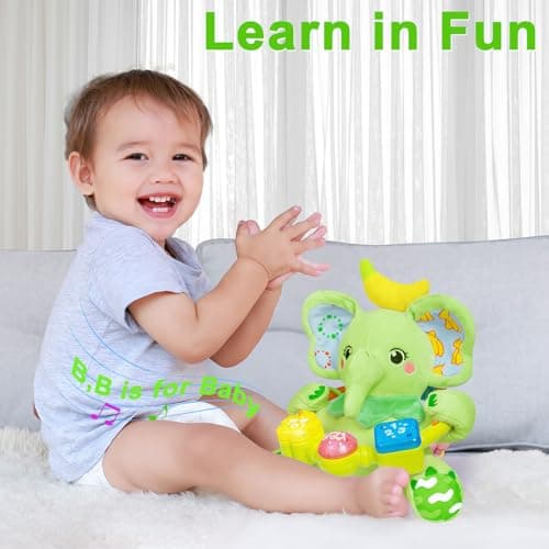 Holaxander Baby Elephant Musical Stuffed Animals Toy with Light-Up Music & Crinkle Sound Paper,Infant Bilingual Early Learning Education Toys,Tummy Time Toys for 0-3-6-12+ Months Boy Girl, Green - Thumbnail 4