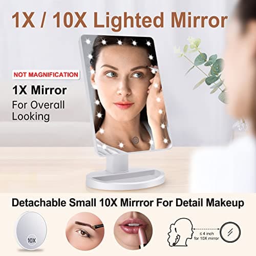 COSMIRROR Lighted Makeup Vanity Mirror with 10X Magnifying Mirror, 21 LED Lighted Mirror with Touch Sensor Dimming, 180°Adjustable Rotation, Dual Power Supply, Portable Cosmetic Mirror (White) - Thumbnail 2