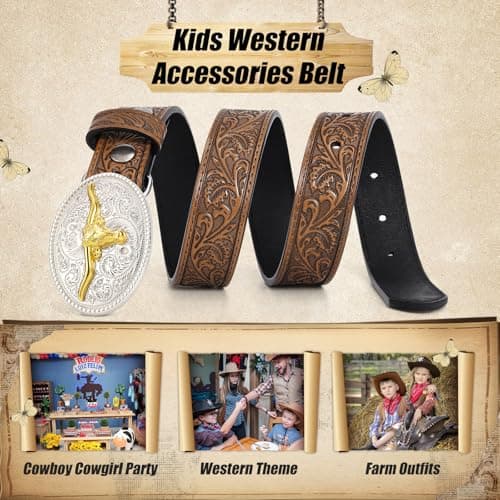 JKEEMI Kids Western Belt for Boys Girls, Embossed Genuine Leather Cowboy Cowgirl Belt for Jeans Pant Dresses Gift - Thumbnail 5