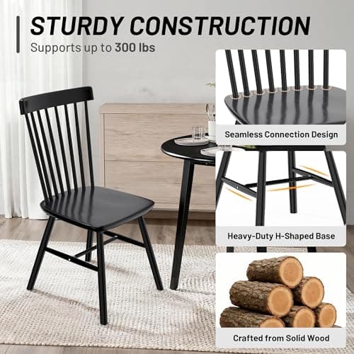AreShark Windsor Dining Chairs Set of 4, Farmhouse Wooden Dining Room Chairs, Solid Wood Kitchen Chairs with Spindle Back, Black - Thumbnail 4