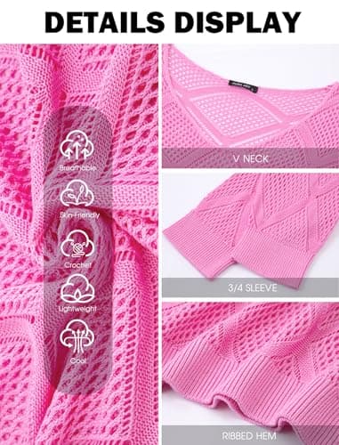 HUSKARY Beach Cover Ups for Women 2026 Trendy Summer Crochet Hollow Out 3/4 Batwing Sleeve Off Shoulder Tops Casual V Neck Loose Fit Pullover T-Shirts - Thumbnail 5