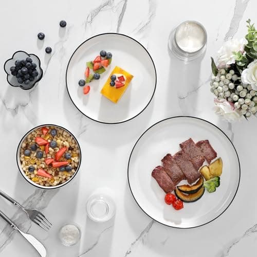 MALACASA Plates and Bowls Sets, 12 Pieces Modern Porcelain Dinnerware Set for 4 White Kitchen Dinner Dining Ware Set wtih Black Rim Ceramic Dishware Dishes Microwave and Dishwasher Safe, Series LUNA - Thumbnail 6
