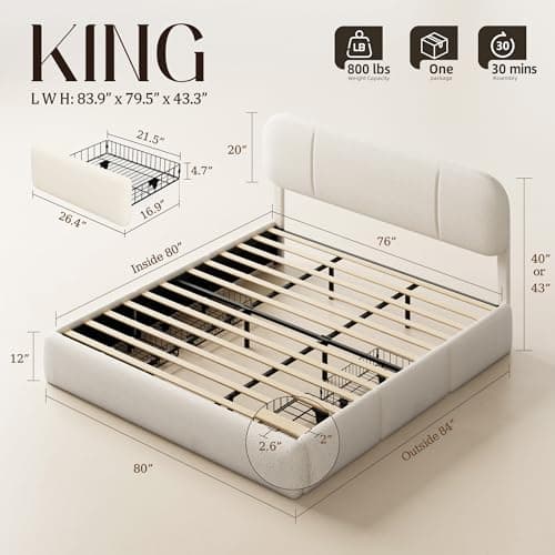Uteeran King Size Bed Frame with Storage, Boucle Cloud Bed with 4 Locking Drawers & LED Lights, Modern Upholstered Platform Bed, Plush Sides & Footboard, Adjustable Headboard, No Box Spring, Beige - Thumbnail 2