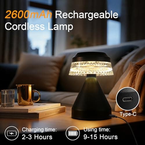 UMLAEN Rechargeable Cordless Table Lamp, 2600mAh Battery Operated Table Light | 3 Color | Stepless Dimming, for Bedroom, Cafe, Camping, Bar, Dining Table, Restaurant - Thumbnail 4