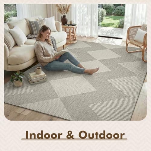 MontVoo-Outdoor Rug Carpet Patio Rug 5x7 ft Polypropylene Indoor Outdoor Rugs for Patio Deck Balcony Porch, Textured Weave, Durable for High Traffic, Fade-Resistant, Boho Geometric Silver Grey - Thumbnail 3