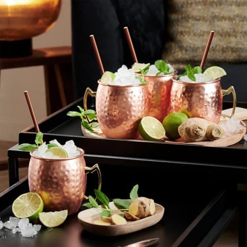 TJ Moscow Mule Mugs Set of 4, Rose Hammered Mule Cup 17 oz, Stainless Steel Lining Brass Handles Mug Set, Copper Mugs, Mule Mugs, Moscow Mule Kit Gift for Cold Drinks Cocktail Beer Wine Party Bar - Thumbnail 5