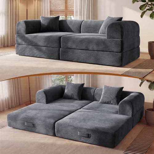 ceamorfco 74.8" Boneless Couch for Living Room, Modular Sectional Sofa Bed with High Back Support & Wide Armrests, Comfy Corduroy Floor Sofa with 2 Pillows, Gray Loveseat Sleeper for Small Spaces - Image 1