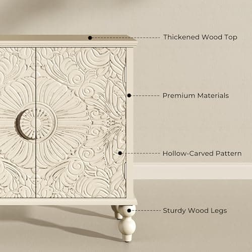 Furnivado Buffet Cabinet with Storage, Accent Cabinet with 2 Carved Doors, Solid Wood Sideboard with Adjustable Shelf, Vintage Cabinets for Kitchen, Living Room, Entryway, Beige - Thumbnail 5