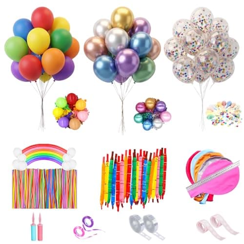 KAIQIZON 230pcs Balloon Arch Kit with Pump Glue Got Ribbon Stand Strip, Assorted Rainbow Latex Metallic Clear Confetti Long Animal Rocket Balloon for Birthday Graduation Party Wedding Decorations