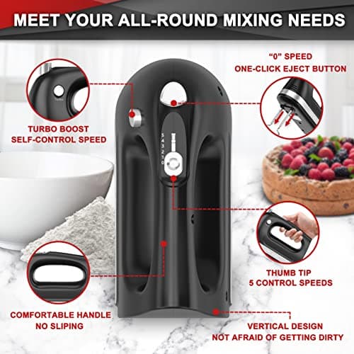 Lord Eagle Hand Mixer Electric Handheld 400W, 5-Speed Lightweight Kitchen Mixer with Storage Case, 5 Stainless Steel Attachments for Baking Cake Egg Cream Food Beater, Turbo+Eject Button, Black - Thumbnail 3