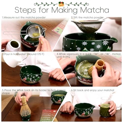 HUSHHAVN Christmas Gifts Matcha Whisk Set, Ceramic Matcha Set Includes Bowl & Holder, Bamboo Whisk (Chasen), Scoop, Spoon and Sifter, 6PCS Matcha Kit Covers Everything Needed for Making Matcha - Thumbnail 6