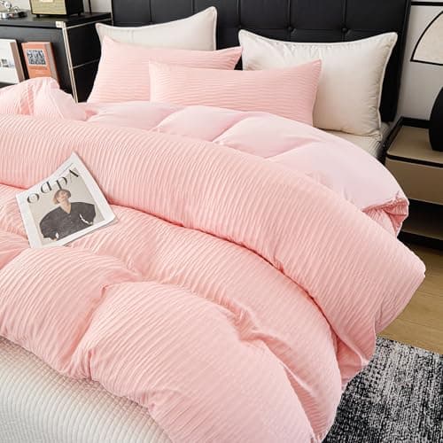 DCSKY Pink Duvet Cover Queen Size, 3pcs Washed Microfiber Bedding Set, Soft Breathable Rippled Duvet Cover Set with Zipper Closure for All Seasons - Thumbnail 5