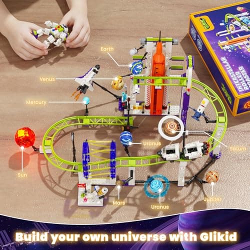 Glikid Space Roller Coaster Building Toy, 1104 PCS Universe Adventure Park Set with Light Up Solar System, Rockets, Satellites, STEM Educational and Home Decor Gifts for Kids, Teens & Adults, Ages 8+ - Thumbnail 6