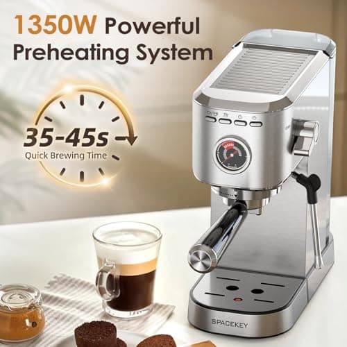 Spacekey Espresso Machine with Milk Frother, 20 Bar Compact Expresso Coffee Machines for Home, Stainless Steel Espresso Maker with 39oz Removable Water Tank for Cappuccino Latte, Fast Heating, Silver - Thumbnail 3