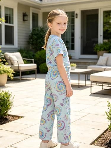LUCKYLI Girls Summer Outfits Rainbow Spiral Tie Dye Style Short Sleeve Tops and Long Pants 2 Piece Fashion Clothing Sets 4-12Y (White/Rainbow, 9-10Y) - Thumbnail 3