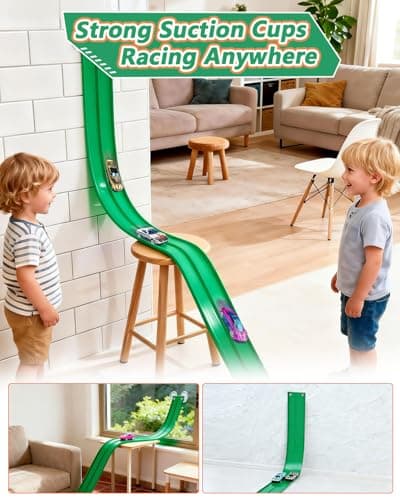 FITNOVO Flexible Race Track for Kids – 15 Ft Roll-Up Car Track with Suction Cups, Fits 1:64 Diecast Cars, Portable Bendable Track Toys for Boys Girls Ages 3+, Green - Thumbnail 6