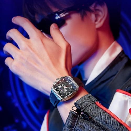 OLEVS Black Watches for Men 3ATM Waterproof Chronograph Men Watch Analog Quartz 44mm Square Watch for Men with Date Silver Bezel Silicone Strap Professional Look for Office Daily Wear - Thumbnail 2
