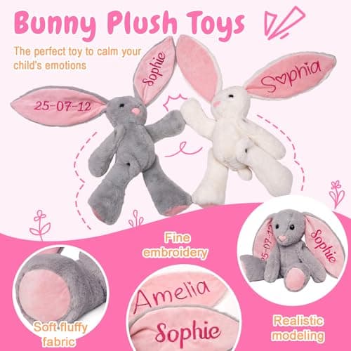 Custom Embroidered Plush Bunny with Name, Personalized Baby Plush Toys, Personalized Bunny Stuffed Animal, Toys for 1+ Years Old Girls, Easter Birthday Gifts for Baby Girls Boys Toddlers Newborn - Thumbnail 4