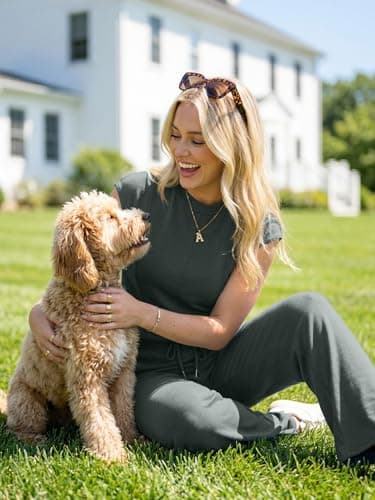 Casly Lamiit Two Piece Sets for Women Casual Summer Outfit Lounge Short Cap Sleeve Wide Leg Pants Set Beach Vacation Travel Outfits Dark Grey Green 2XL - Thumbnail 4