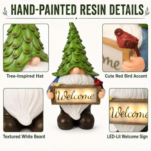 hvfun Solar Garden Gnome Statue with Welcome Sign, 13.5" Resin Outdoor Gnome Decor with LED Light, Cute Garden Statue for Yard, Porch, Patio, Lawn, Housewarming Gifts for Women Mom Grandma - Thumbnail 5