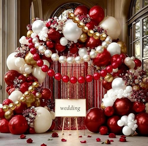 Red White Gold Balloon Arch Double Stuffed Burgundy Pearl White Sand Gold Balloon Garland Kit Red Linking Balloons Fringe Curtain for Birthday Bridal Shower Mother's Day Wedding Engagement Party Decor - Image 1